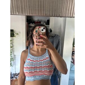 Shein Womens Small Red Wht Blue Lace Crop Top Crochet Popsicle USA 4th Of July‎